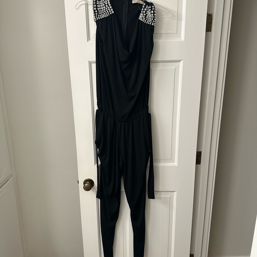 Michael Kors Black Jumpsuit with V-Neck and Tie Belt